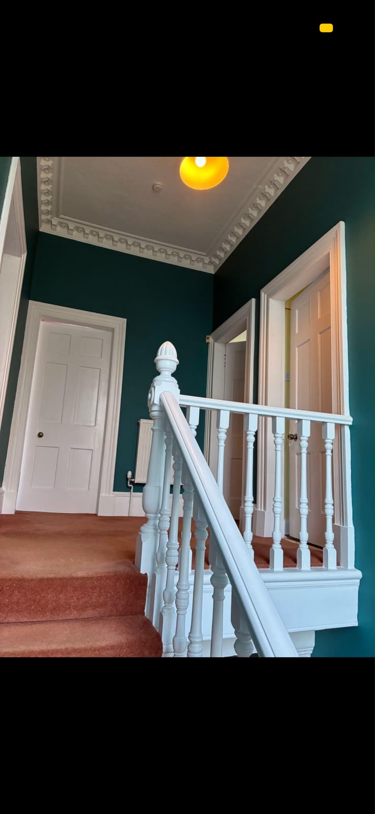 Teal painted stair landing with white banister, doors and cornice
