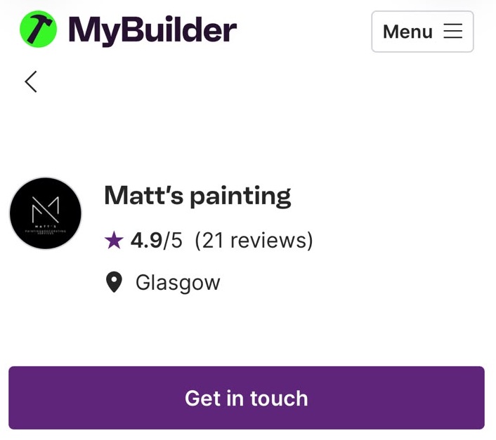 MyBuilder profile for Matt's painting in Glasgow showing a 4.9 out of 5 rating from 21 reviews